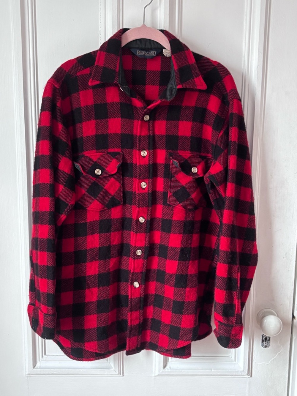 Vintage Lands End Buffalo Plaid Wool Red Shirt Lumberjack Button Up Size Medium